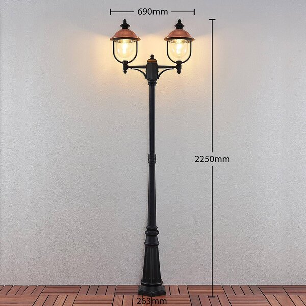 Lindby kültéri lámpa Clint, 225cm, 2-lámpás, tengervízálló, E27, dimmelhető, Réz, Alumínium, Vintage