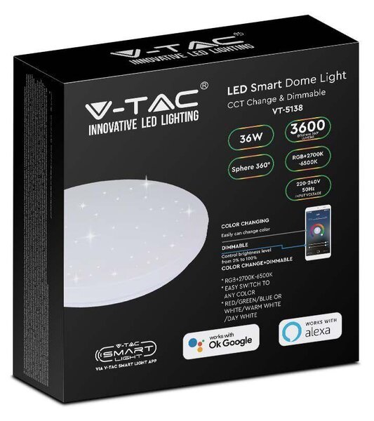 V-TAC 36W csillagos mennyezeti, 32cm okos LED lámpa, RGB+CCT, 100 Lm/W - SKU 7695