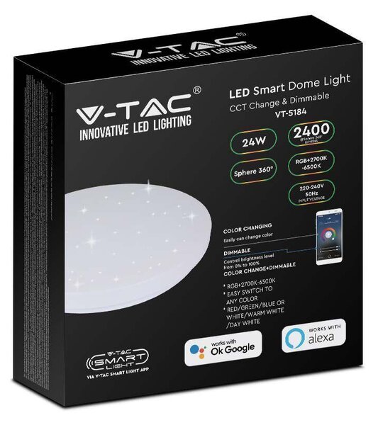 V-TAC 24W csillagos mennyezeti, 28 cm okos LED lámpa, RGB+CCT, 100 Lm/W - SKU 7694