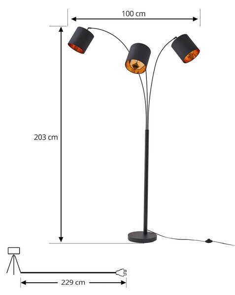 Lindby Nanika álló világítás, 3 izzós, fekete/arany, 200 cm, E27, Fekete, Nappali / Étkező, fém, Modern
