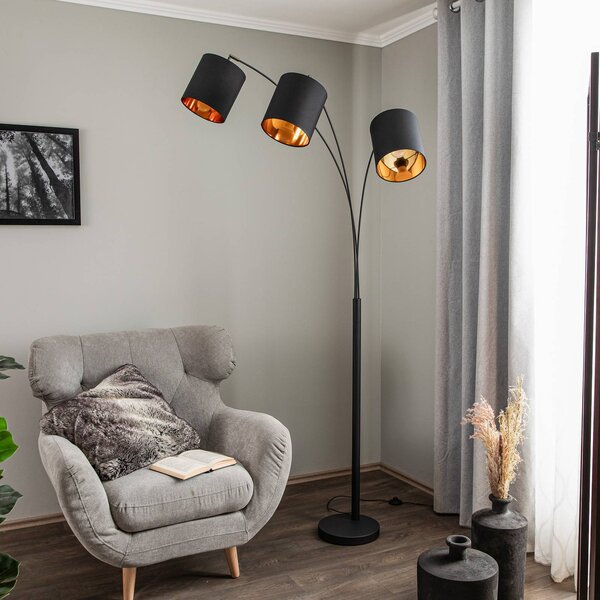 Lindby Nanika álló világítás, 3 izzós, fekete/arany, 200 cm, E27, Fekete, Nappali / Étkező, fém, Modern