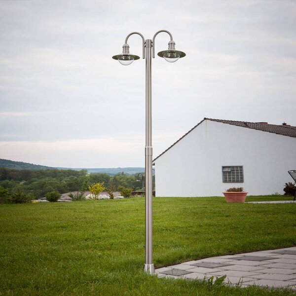 Lindby oszloplámpa Damion, 200 cm, 2-lámpás, E27, IP44, dimmelhető, Alu / szürke / cink, Rozsdamentes acél, Modern
