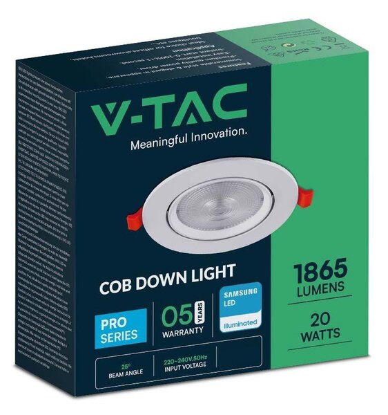 V-TAC süllyeszthető LED SMD mélysugárzó lámpa 20W meleg fehér, 90 Lm/W - SKU 21842