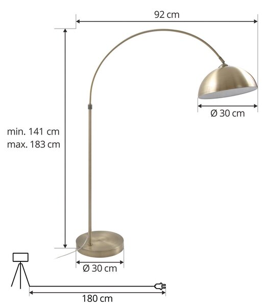 Lindby Lennart íves állólámpa, antik sárgaréz, fém 183 cm, Bronz / antik sárgaréz, Nappali / Étkező, fém, Modern