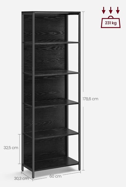 6 szintes könyvespolc, álló polcrendszer állítható LED világítással, 30,3 x 60 x 178,6 cm