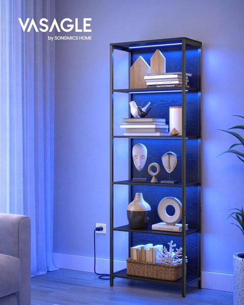 6 szintes könyvespolc, álló polcrendszer állítható LED világítással, 30,3 x 60 x 178,6 cm