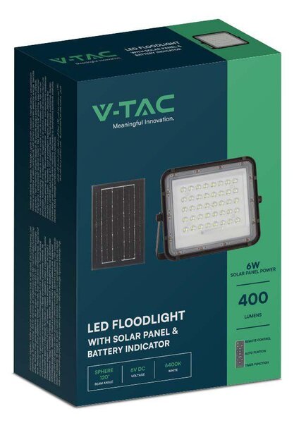 V-TAC 5000mAh napelemes LED reflektor 6W hideg fehér, 400 Lumen, fekete házzal - SKU 7821