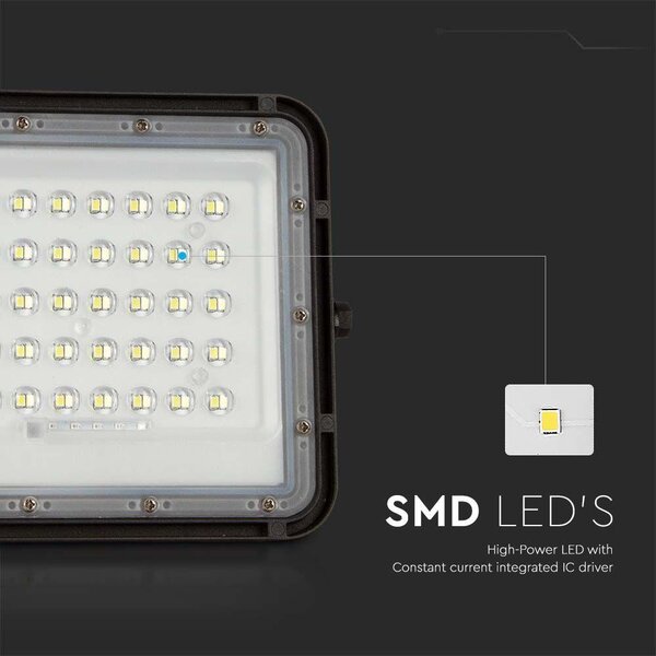 V-TAC 6000mAh napelemes LED reflektor 10W hideg fehér, 800 Lumen, fekete házzal - SKU 7823