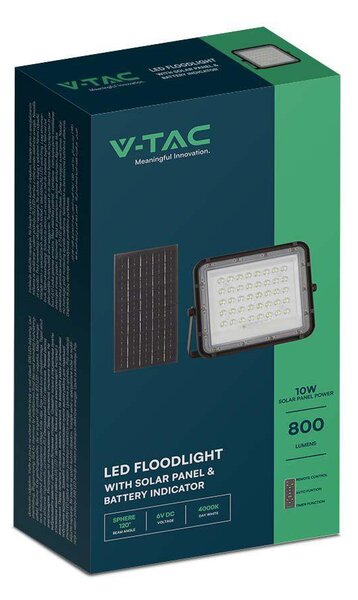 V-TAC 6000mAh napelemes LED reflektor 10W hideg fehér, 800 Lumen, fekete házzal - SKU 7823