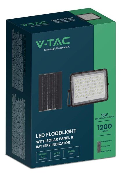 V-TAC 12000mAh napelemes LED reflektor 15W hideg fehér, 1200 Lumen, fekete házzal - SKU 7825