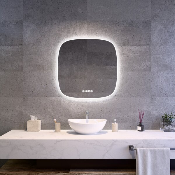 Fürdőszobai design LED tükör 70x70cm Welland Sidan | Páramentesítő - Óra - Fényerő + színhőfok állítás