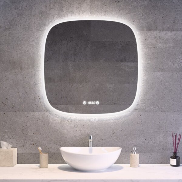 Fürdőszobai design LED tükör 70x70cm Welland Sidan | Páramentesítő - Óra - Fényerő + színhőfok állítás