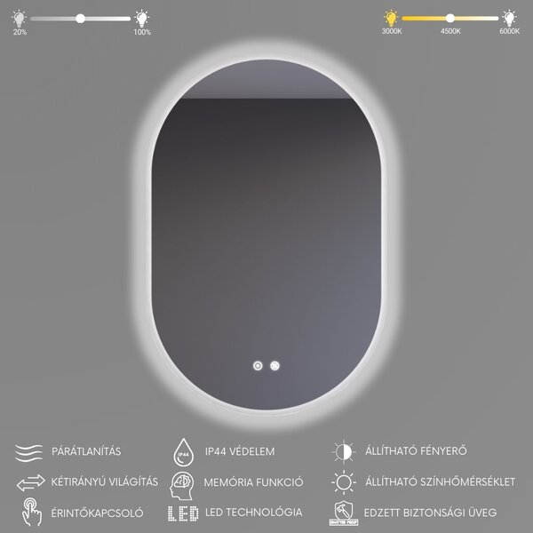 Ovális fürdőszobai LED tükör 60x90cm | Páramentesítő - Fényerő és színhőmérséklet szabályozás | Welland Paris