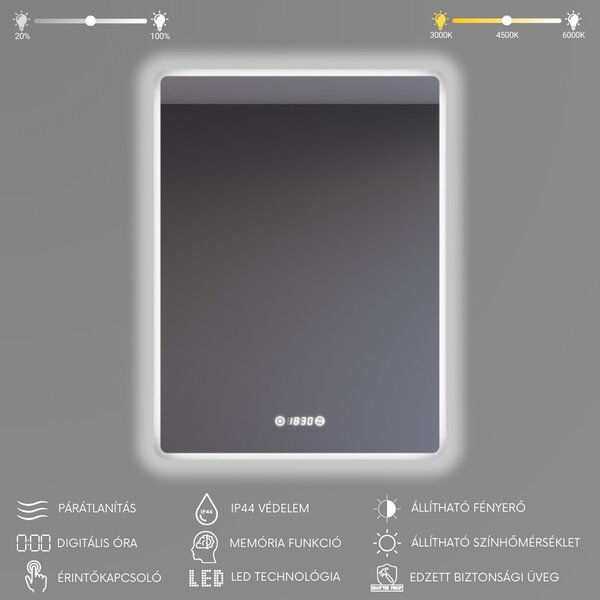 Álló fürdőszobai LED tükör 60x80cm | Páramentesítő - Óra - Fényerő és színhőmérséklet szabályozás | Welland Kath