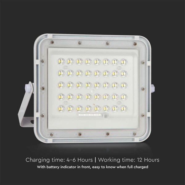 V-TAC 5000mAh napelemes LED reflektor 6W hideg fehér, 400 Lumen, fehér házzal - SKU 7839