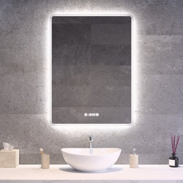 Álló fürdőszobai LED tükör 60x80cm | Páramentesítő - Óra - Fényerő és színhőmérséklet szabályozás | Welland Kath