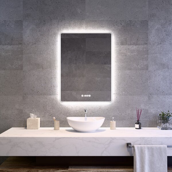 Álló fürdőszobai LED tükör 60x80cm | Páramentesítő - Óra - Fényerő és színhőmérséklet szabályozás | Welland Kath