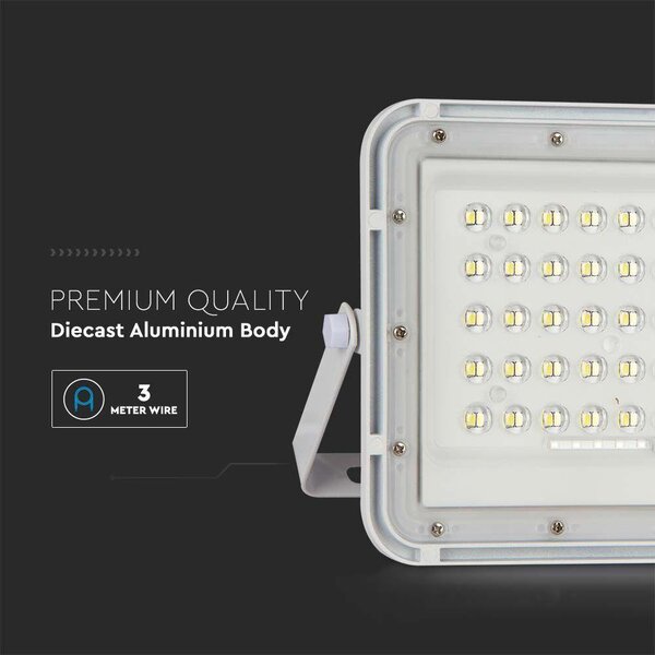 V-TAC 5000mAh napelemes LED reflektor 6W hideg fehér, 400 Lumen, fehér házzal - SKU 7839