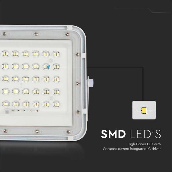 V-TAC 5000mAh napelemes LED reflektor 6W hideg fehér, 400 Lumen, fehér házzal - SKU 7839