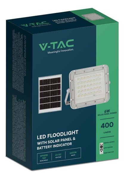 V-TAC 5000mAh napelemes LED reflektor 6W hideg fehér, 400 Lumen, fehér házzal - SKU 7839