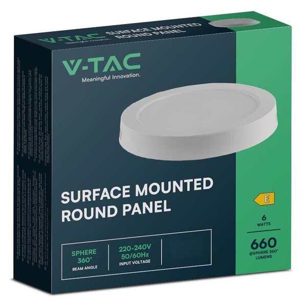 V-TAC felületre szerelhető, műanyag IP20, kerek LED panel 6W, meleg fehér - SKU 7870