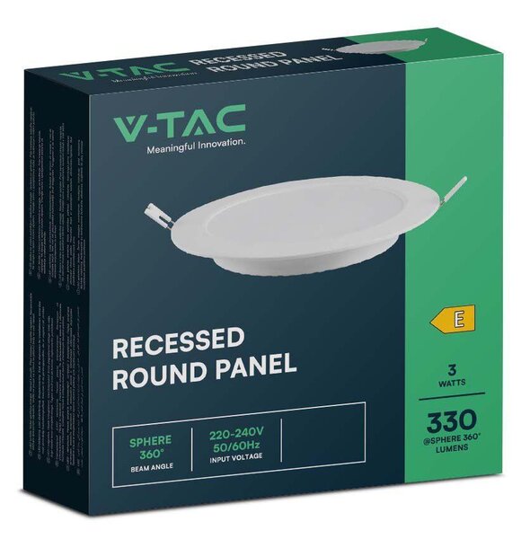 V-TAC süllyeszthető, műanyag IP20, kerek LED panel 3W, meleg fehér - SKU 7855
