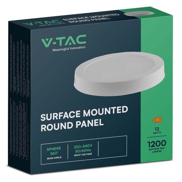 V-TAC felületre szerelhető, műanyag IP20, kerek LED panel 12W, meleg fehér - SKU 7873