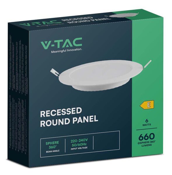 V-TAC süllyeszthető, műanyag IP20, kerek LED panel 6W, meleg fehér - SKU 7858