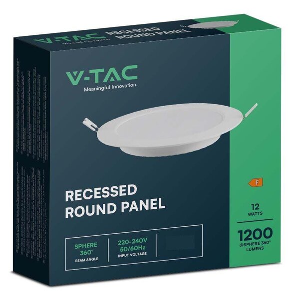 V-TAC süllyeszthető, műanyag IP20, kerek LED panel 12W, meleg fehér - SKU 7861