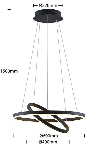 Arcchio LED függőlámpa Albiona, fekete, 2 gyűrűs, Ø 60 cm, dimmelhető, Fekete, Konyha, fém, Modern