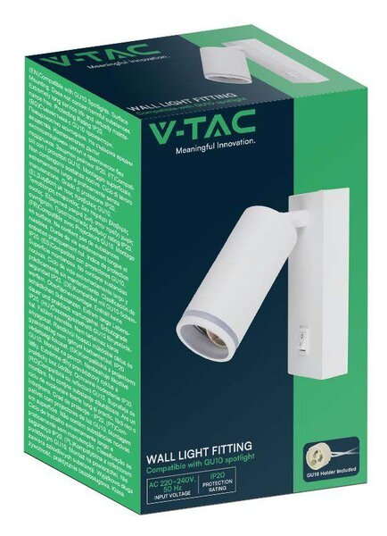 V-TAC fehér fali lámpa kapcsolóval, GU10 foglalattal - SKU 10295