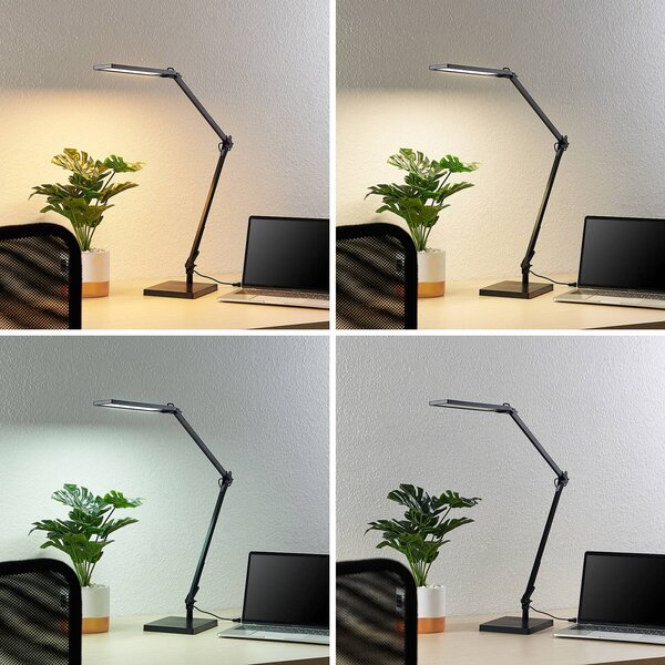 Lindby LED asztali lámpa Antisa, fekete, CCT, dimmelhető, dimmelhető, Fekete, Dolgozószoba / Iroda, Műanyag, Modern