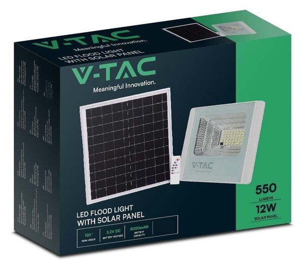 V-TAC napelemes LED reflektor 12W természetes fehér 5000 mAh, fehér házzal - SKU 23018