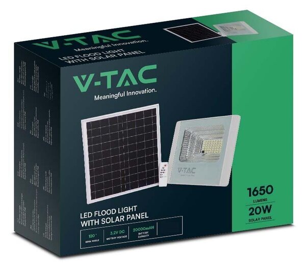 V-TAC napelemes LED reflektor 20W természetes fehér 10000 mAh, fehér házzal - SKU 10408