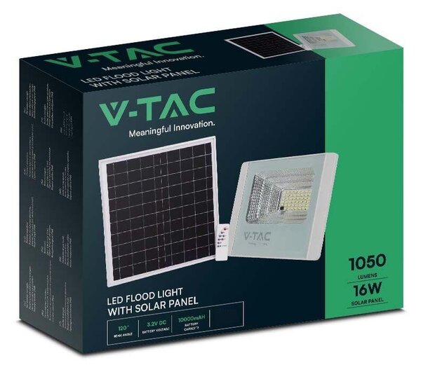V-TAC napelemes LED reflektor 16W természetes fehér 10000 mAh, fehér házzal - SKU 10406