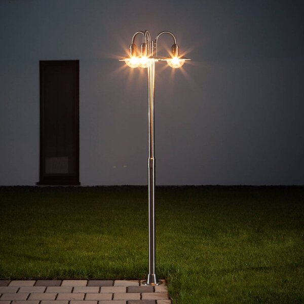 Lindby oszloplámpa Damion, 200 cm, 3-lámpás, E27, IP44, dimmelhető, Alu / szürke / cink, Rozsdamentes acél, Modern
