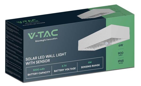 V-TAC napelemes tégla alakú fali lámpa, 6W, természetes fehér, szenzorral, fehér házzal - SKU 10308