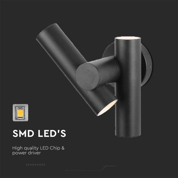V-TAC kétkaros kétirányú forgatható 6W LED lámpa, fekete házas, meleg fehér - SKU 10473