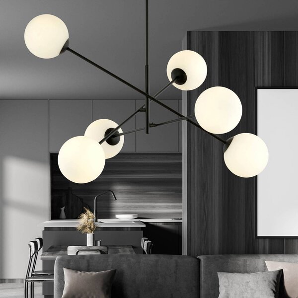 EMIBIG LIGHTING Lineáris mennyezeti világítás, fekete/opál, 6 izzós, dimmelhető, Fekete, Nappali / Étkező, fém, Modern