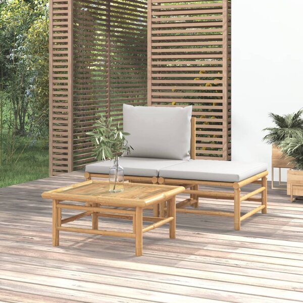 VidaXL 3 részes bambusz kerti ülőgarnitúra világosszürke párnákkal