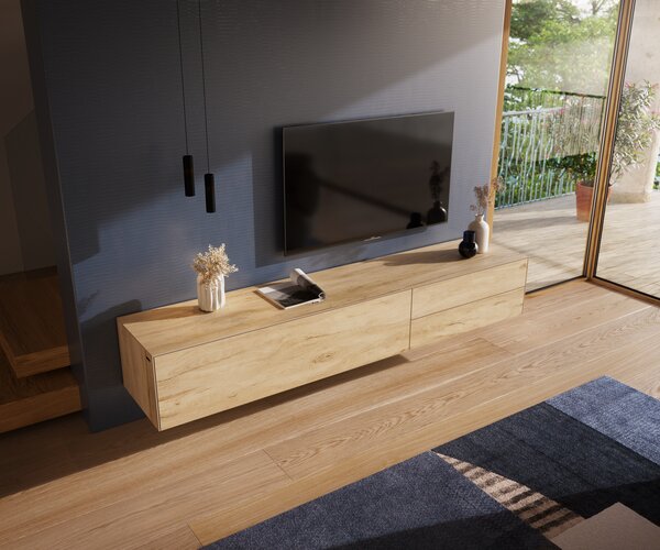 DELIFE TV szekrény Cuor 220 cm kerámia Laminam® sabbia tölgyszínű 1 billenő ajtó 2 fiókos lebegő
