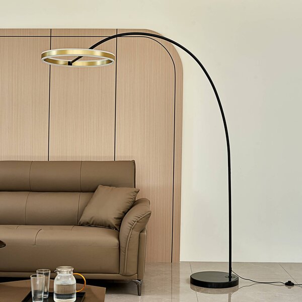 Lucande LED ívlámpa Yekta, sárgaréz színű, 183 cm, dimmelhető, dimmelhető, Fekete, Nappali / Étkező, fém, Dizájn