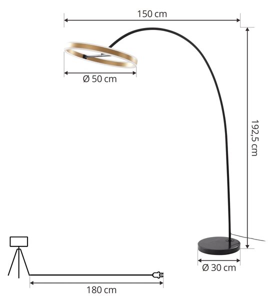 Lucande LED ívlámpa Yekta, sárgaréz színű, 183 cm, dimmelhető, dimmelhető, Fekete, Nappali / Étkező, fém, Dizájn
