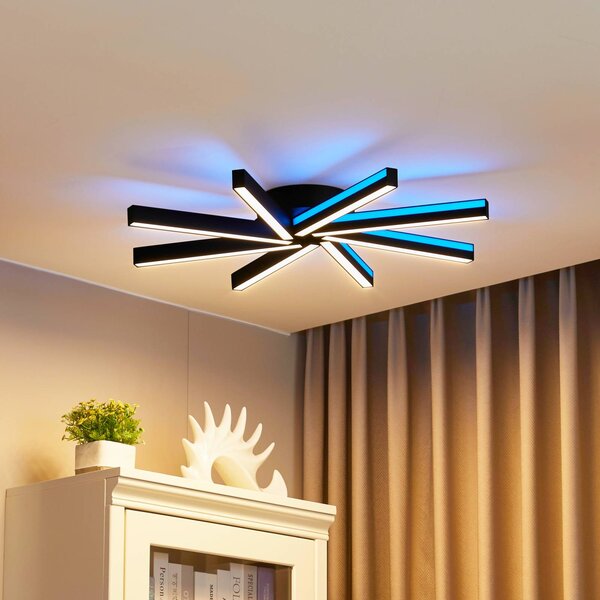 Lucande Smart LED mennyezeti világítás Tjado, Ø70 cm, fekete, RGBW, dimmelhető, Fekete, Nappali / Étkező, fém, Modern
