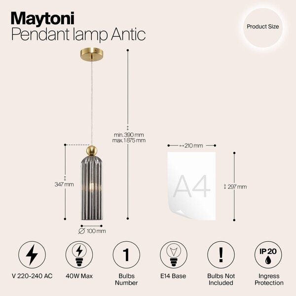 Maytoni Antic függőlámpa, szürke üvegbúrával, dimmelhető, Sárgaréz / arany, Nappali / Étkező, Üveg, Modern