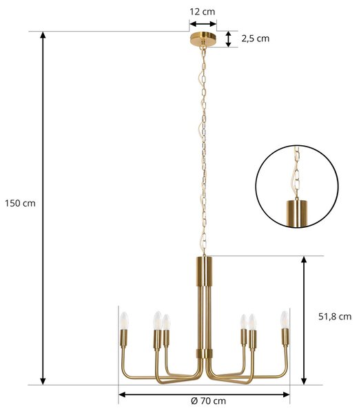 Lindby csillár Elanova, sárgaréz, 6 lámpás, Ø 70 cm, E14, dimmelhető, Sárgaréz / arany, Nappali / Étkező, fém, Antik
