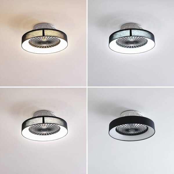 Lindby LED mennyezeti ventilátor Mace, fekete, csendes, Ø 47 cm, dimmelhető, Fekete, Nappali / Étkező, Műanyag, Modern