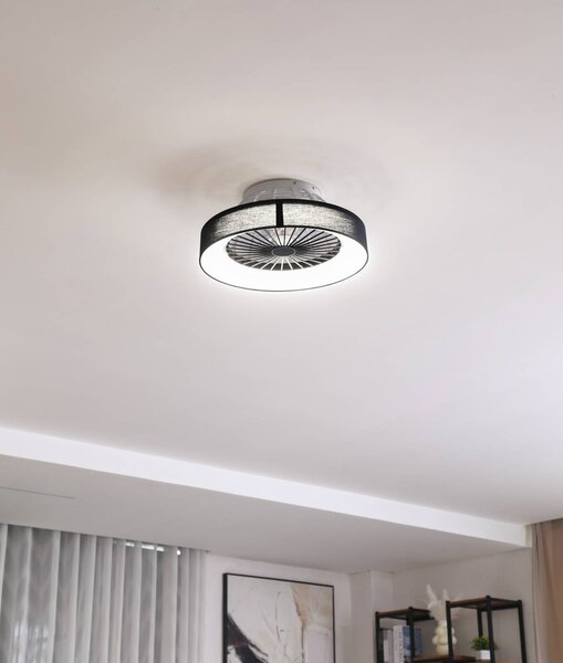 Lindby LED mennyezeti ventilátor Mace, fekete, csendes, Ø 47 cm, dimmelhető, Fekete, Nappali / Étkező, Műanyag, Modern