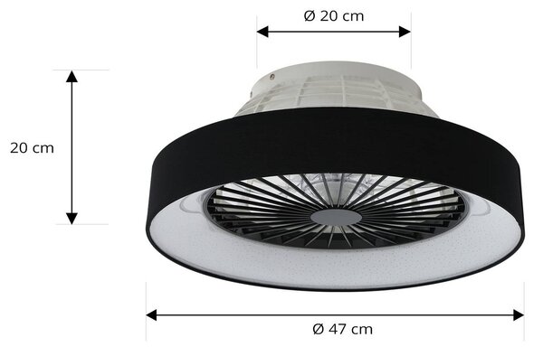 Lindby LED mennyezeti ventilátor Mace, fekete, csendes, Ø 47 cm, dimmelhető, Fekete, Nappali / Étkező, Műanyag, Modern