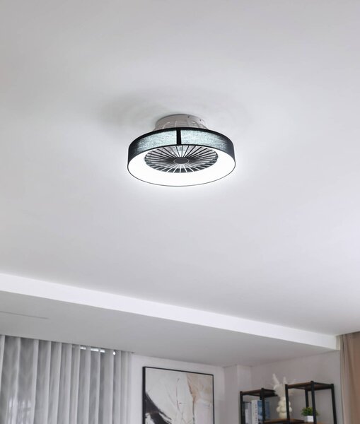 Lindby LED mennyezeti ventilátor Mace, fekete, csendes, Ø 47 cm, dimmelhető, Fekete, Nappali / Étkező, Műanyag, Modern